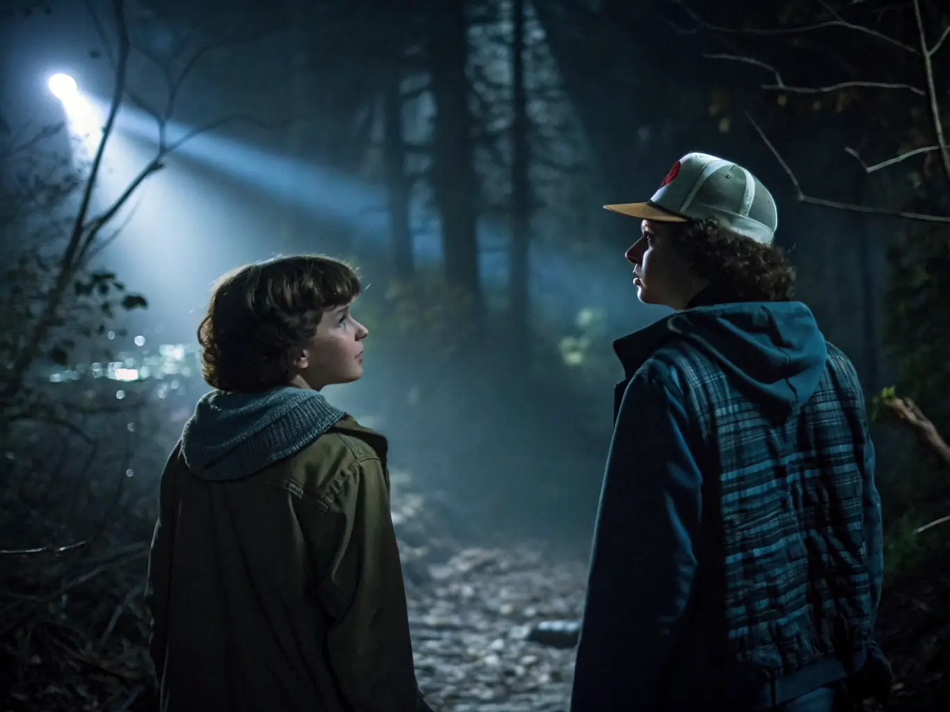 A promotional image for the new season of 'Stranger Things' on Netflix, featuring the main characters in a suspenseful scene.